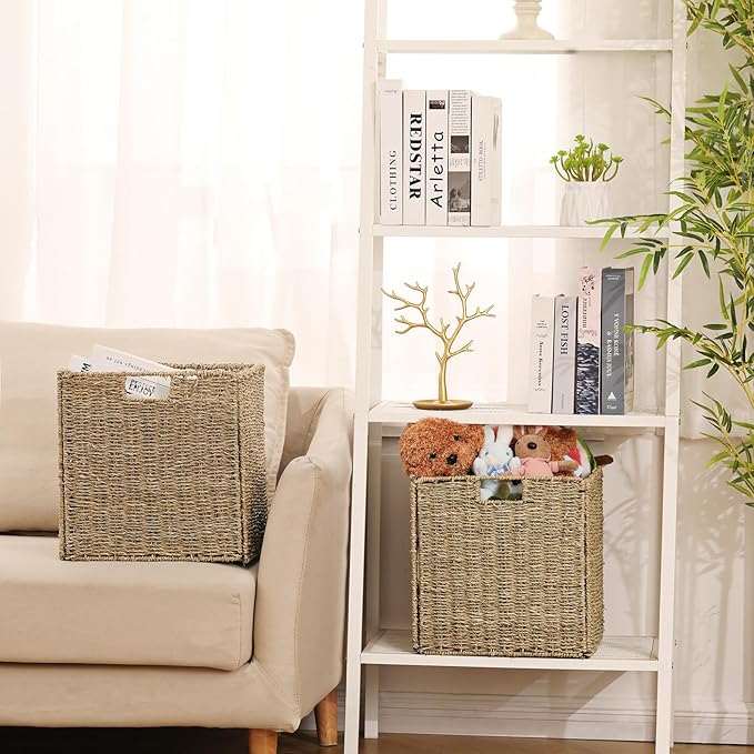Vagusicc Wicker Storage Basket, Set of 2 Seagrass Storage Baskets, Foldable Wicker Basket 9 Inch Square Cube Storage Bins Storage Baskets for Organizing Shelf Baskets, 9''x9''x9''