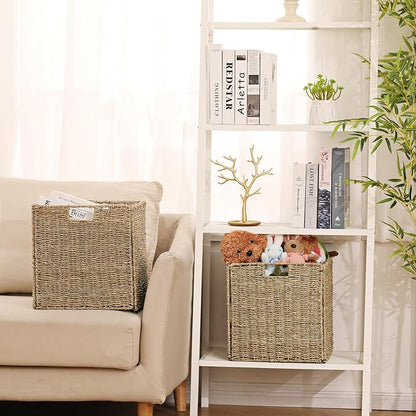 Vagusicc Wicker Storage Basket, Set of 2 Seagrass Storage Baskets, 13 Inch Foldable Wicker Basket Square Cube Storage Bins Storage Baskets for Organizing Shelf Baskets, 13''x13''x13''