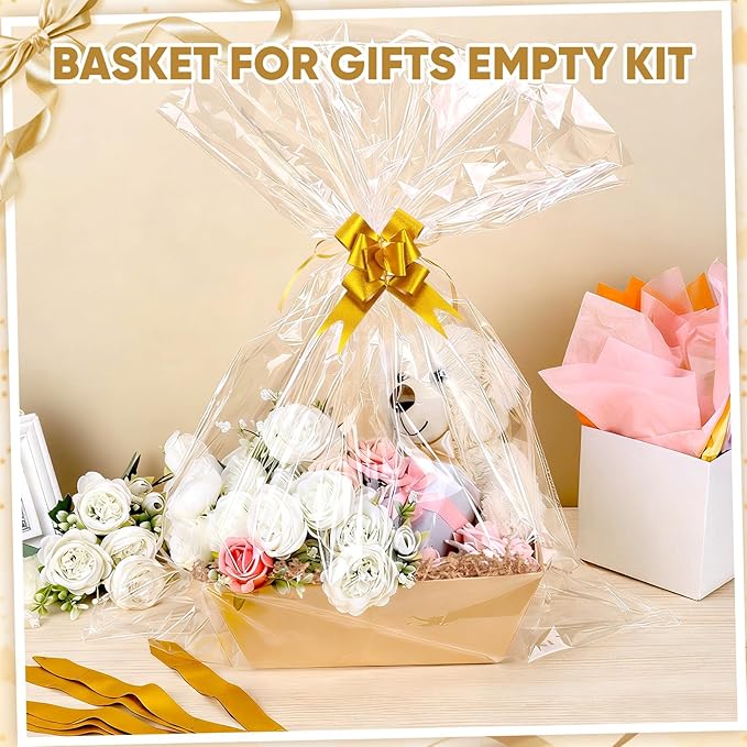 5 Pack Baskets For Gifts Empty, 10x12” Kraft Gift Basket Kit with Clear Bags Gold Bows 200g Crinkle Cut Paper Empty Gift Baskets to Fill Large Gift Baskets for Christmas, Birthdays, Holidays, Weddings