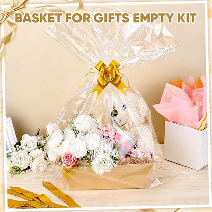 5 Pack Baskets For Gifts Empty, 10x12” Kraft Gift Basket Kit with Clear Bags Gold Bows 200g Crinkle Cut Paper Empty Gift Baskets to Fill Large Gift Baskets for Christmas, Birthdays, Holidays, Weddings
