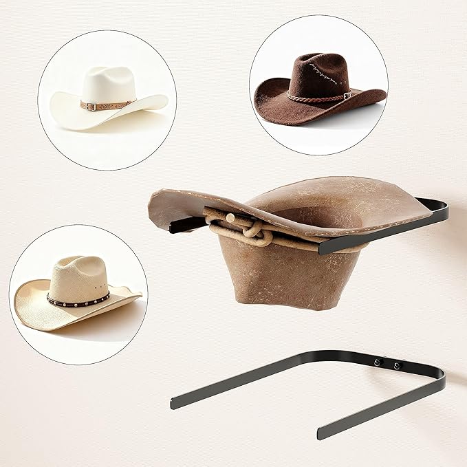 2-Pack Metal Hat Rack for Wall Mount – Space-Saving Cowboy Hat Holder & DIY Wall Display Hanger – Compact Hat Organizer with Screws, Black (No wooden board)