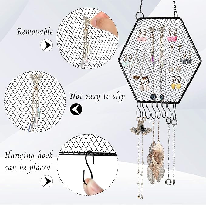Jetec 2 Pcs Earring Wall Holder Wall Mounted Earring Organizer Hanging Jewelry Stand Decorative Diamond Grid Shape Display Rack with Hooks for Earrings Necklace Bracelet(Black)