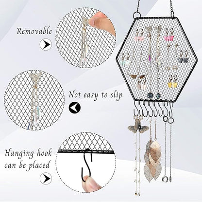 Jetec 2 Pcs Earring Wall Holder Wall Mounted Earring Organizer Hanging Jewelry Stand Decorative Diamond Grid Shape Display Rack with Hooks for Earrings Necklace Bracelet(Black)