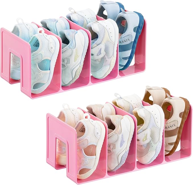 HBlife Pink Acrylic Kids Shoe Rack for Closet Organizers and Storage, Small Shoe Rack 4 Sections Toddler Baby Shoe Storage Organizer Stackable Shoe Shelf,Desk File Sorter Book Purse Organizer(2 Pack)