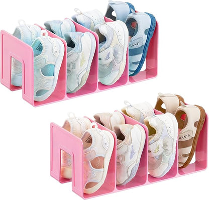 HBlife Pink Acrylic Kids Shoe Rack for Closet Organizers and Storage, Small Shoe Rack 4 Sections Toddler Baby Shoe Storage Organizer Stackable Shoe Shelf,Desk File Sorter Book Purse Organizer(2 Pack)