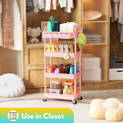 SUNALLY Makeup Cart Organizer with Drawers, 4 Tier Floor Skincare Organizers for Vanity, Rolling Makeup Bathroom Storage Cart Cosmetics Display Cases for Skin Care Perfume Nail Polish, Pink