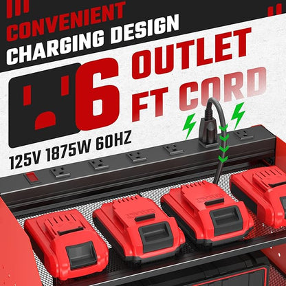 ZESEN Power Tool Organizer with Charging Station, Heavy Duty 3 Layer Drill Holder Wall Mount Garage Shelf Rack with 6 Outlet Power Strip, Tool Shelf with Hooks, Drill Bit Rack for Garage, Red