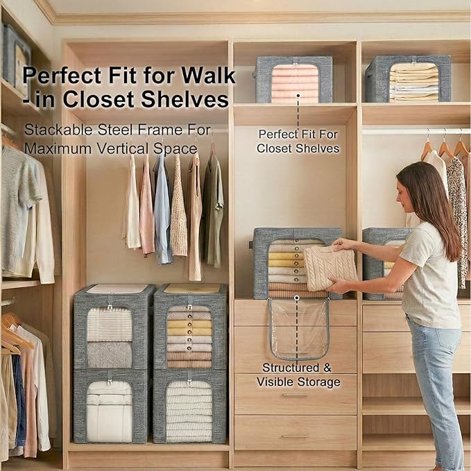 GoMaihe Baby Clothes Storage Bins with Metal Frame, 6-Pack Small Closet Storage Bin with Lid & Clear Window, Nursery Organizer for Baby Clothing, Toddler Kids Storage Boxes, Cationic Fabric 27L