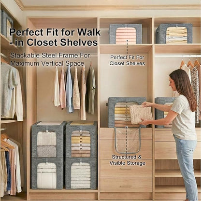 GoMaihe Baby Clothes Storage Bins with Metal Frame, 6-Pack Small Closet Storage Bin with Lid & Clear Window, Nursery Organizer for Baby Clothing, Toddler Kids Storage Boxes, Cationic Fabric 27L