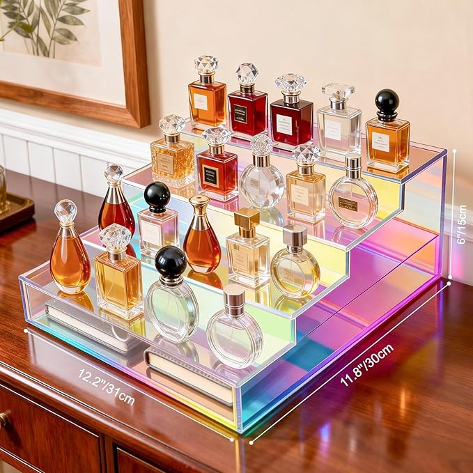 Cologne Organizer for Men with Drawer Acrylic Cologne Stand for Men 4-Tier Cologne Display Shelf Cosmetic Display Case, Iridescent