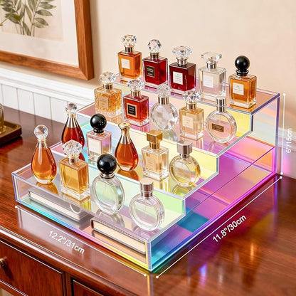 Cologne Organizer for Men with Drawer Acrylic Cologne Stand for Men 4-Tier Cologne Display Shelf Cosmetic Display Case, Iridescent
