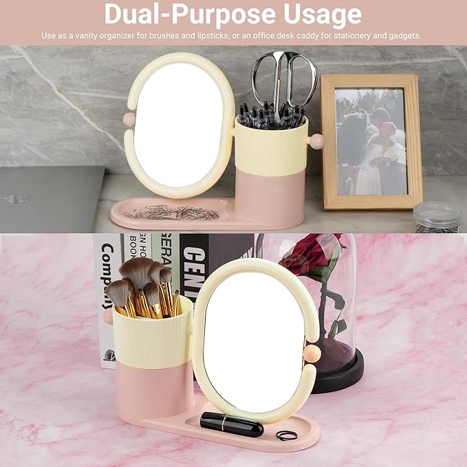 Desk Organizer with Magnifying HD Rotating Glass Mirror 360° Adjustable Dual-Purpose Makeup Brush Holder Pen Caddy, Pink & White ABS Storage for Office & Vanity Accessories+Free Lens Cloth