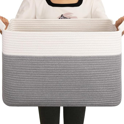 OIAHOMY Large Blanket Basket, 65L Cotton Rope Woven Laundry Basket, Toy Bin for Baby Room, Container for Blanket Storage in Living Room, 20''×16''×12'', Grey & White
