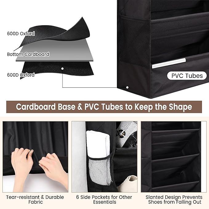 7 Tier Over The Door Shoe Organizer, Hanging Shoe Rack for Closet with Dustproof Mesh Curtain & 6 Side Pockets, Behind The Door Narrow Shoe Holder Hanger for Sneakers, Boots (Black)