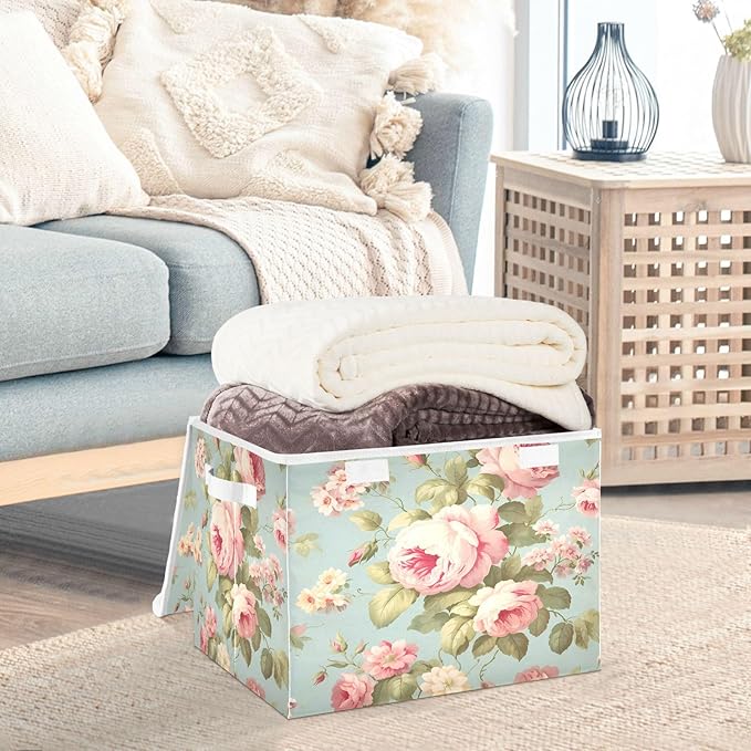 senya Flower Baskets Collapsible Storage Bins with Lids, Vintage Pink Rose Flower Storage Boxes Clothes Baskets for Organizing, B06D22020