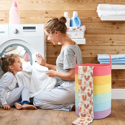 Woven Cotton Rope Laundry basket-16”X22” Laundry Hamper-Rope Storage Basket for Dirty Clothes, Toys and Blankets Perfect for Bathroom, Baby nursery and Living Room Storage (rainbow, Large)