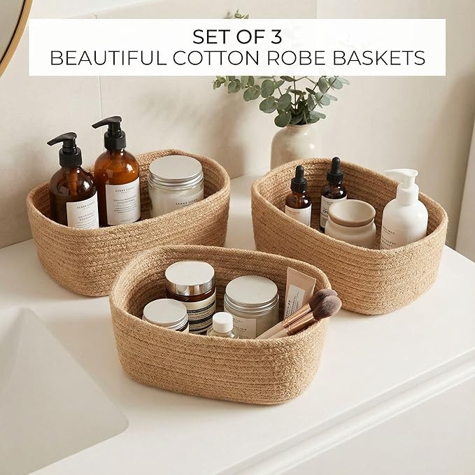 Beautiful Storage Basket Set of 3 - Sturdy Jute Rope Baskets for Shelves Are Perfect for Organizing Your Home - Quality Storage Bins Easily Fit With Any Nursery or Bedroom Decor