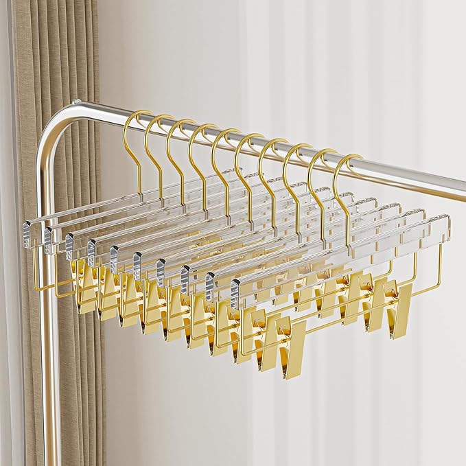 10 Pack Gold Acrylic Hangers, Clear Pants Hangers with Adjustable Non-Slip Clips for Pants, Skirts, Jeans, Trousers, Adults & Kids, Clothing Closet Storage