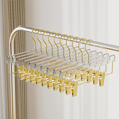 10 Pack Gold Acrylic Hangers, Clear Pants Hangers with Adjustable Non-Slip Clips for Pants, Skirts, Jeans, Trousers, Adults & Kids, Clothing Closet Storage