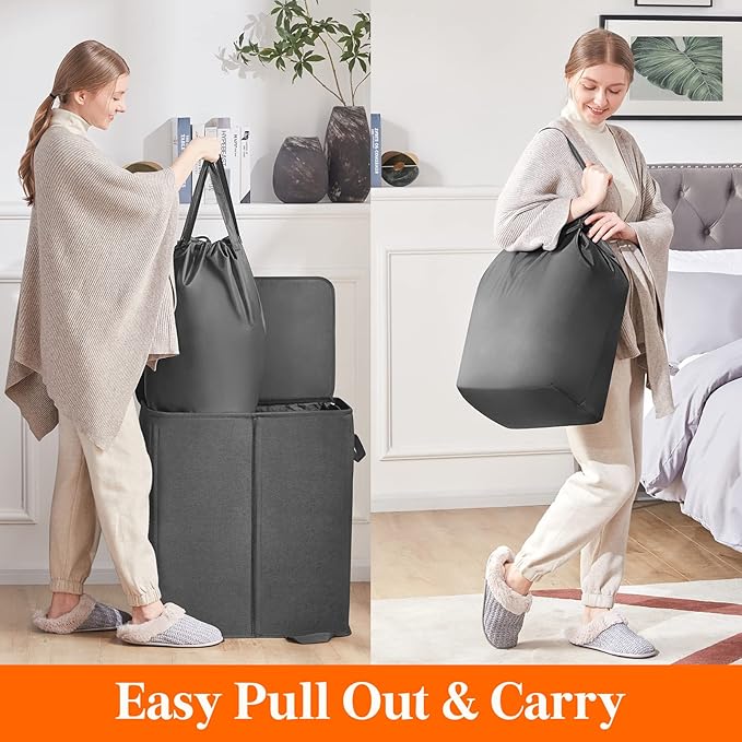 Lifewit Double Laundry Hamper with Lid and Removable Laundry Bags, Large Collapsible 2 Dividers Dirty Clothes Basket with Handles for Bedroom Laundry Room Closet Bathroom College, 136L Black