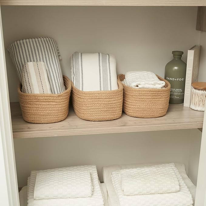Beautiful Storage Basket Set of 3 - Sturdy Jute Rope Baskets for Shelves Are Perfect for Organizing Your Home - Quality Storage Bins Easily Fit With Any Nursery or Bedroom Decor