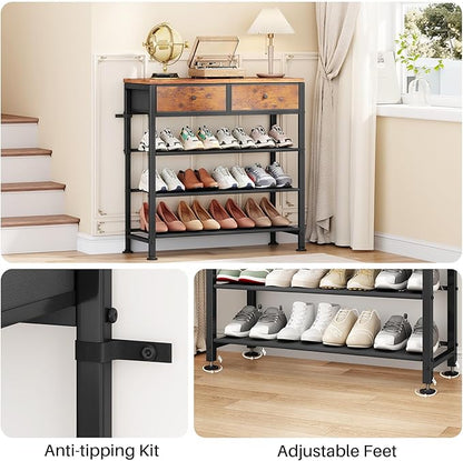 Kitstorack Shoe Rack, 4 Tier Shoe Organizer for 9-12 Pairs of Shoes, with 2 Drawers, 3 Fabric Shelves and Wooden Top, Shoe Rack for Closet Entryway, Rustic Brown