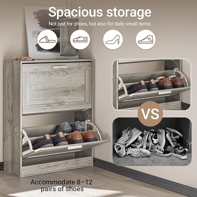 Haotian Enclosed Shoe Rack for Entryway, Narrow Shoe Cabinet with 2 Flip Drawers, Slim Shoe Storage Organizer for Hallway or Small Spaces, Grey, FSR137-HG