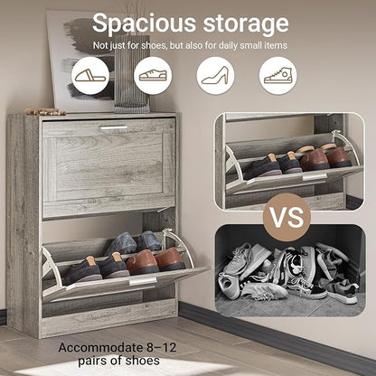 Haotian Enclosed Shoe Rack for Entryway, Narrow Shoe Cabinet with 2 Flip Drawers, Slim Shoe Storage Organizer for Hallway or Small Spaces, Grey, FSR137-HG