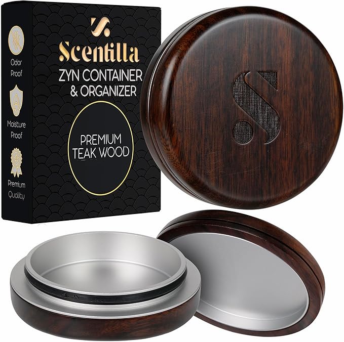 Luxury Real Teak Wood & Metal Pouch Container - Premium Pouch Can & Holder - EDC Storage Tin - Odor & Moisture Proof - with Beautiful Gift Box & Velvet Bag