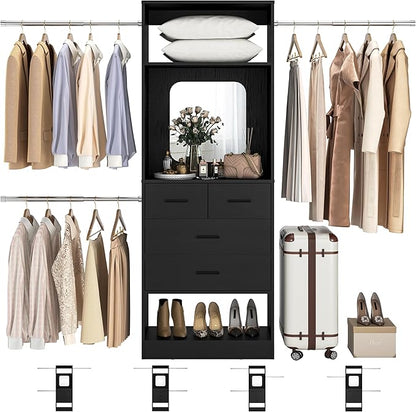 Unikito 96” W Closet Systems, Adjustable 8FT Walk in Closet Organizer Starter Kit with 25” Tower and 3 Hanging Rods, Sturdy Garment Rack with 4 Drawers and Mirror, Black
