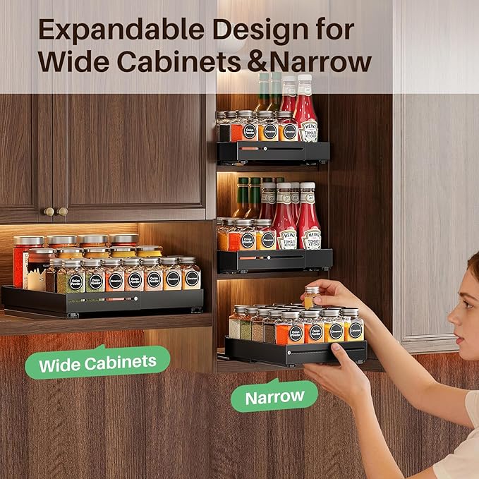 SNTD Pull Out Spice Rack for Upper Cabinet - Expandable Organizer with Smooth Ball Bearing Slides, No Drill Mounting Spice Storage for Kitchen (1 Pack, 7.2" to 12.9" W X 10" D X 2.2" H)