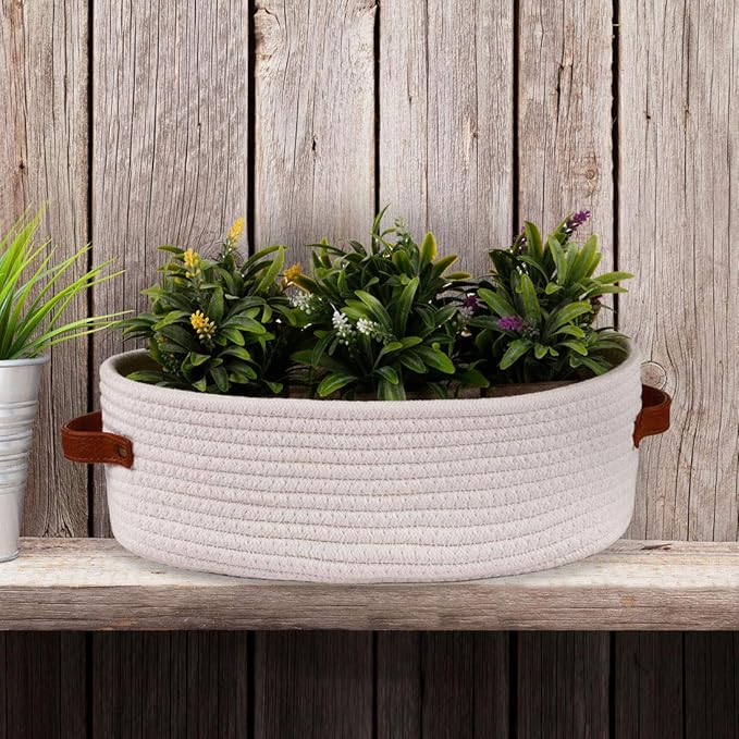 Woven Storage Basket for Toilet Tank Top,Farmhouse Home Decor Organizing Baskets for Bathroom,Table and Counter 13"x5.9"x4" White