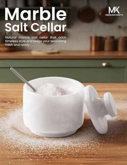 MARBLOUS KRAFTS Marble Salt Cellar with Lid & Spoon 3" White Small Flaky Salt Container, Seasoning Jar, Spice Storage Countertop, Ideal For Salt Box, Sugar Jar Kitchen Décor, Gift for Mom