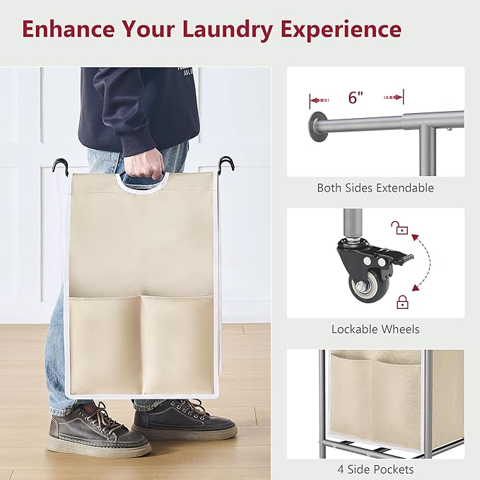 Tajsoon Laundry Sorter with Hanging Rack, 2 Section Rolling Laundry Hamper with Lockable Wheels and Removable Bag, Beige & Gray