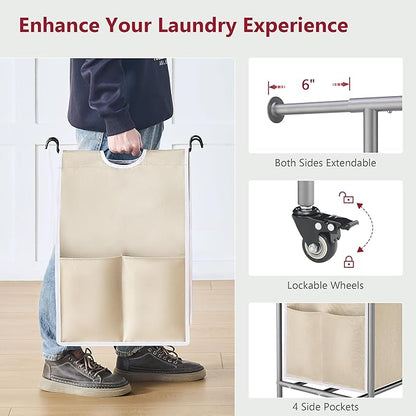 Tajsoon Laundry Sorter with Hanging Rack, 2 Section Rolling Laundry Hamper with Lockable Wheels and Removable Bag, Beige & Gray