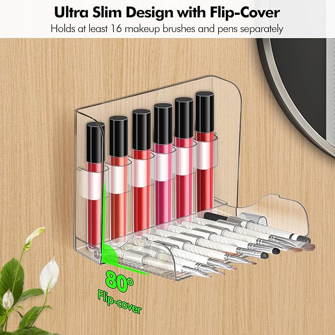 Poeland Wall-Mounted Makeup Brush Holder, Self-Adhesive Fip-Open Vanity Organizer for Bathroom Medicine Cabinet, Make Up Brush, Eyeliner, Lip Liner, Eyebrow Pen Storage
