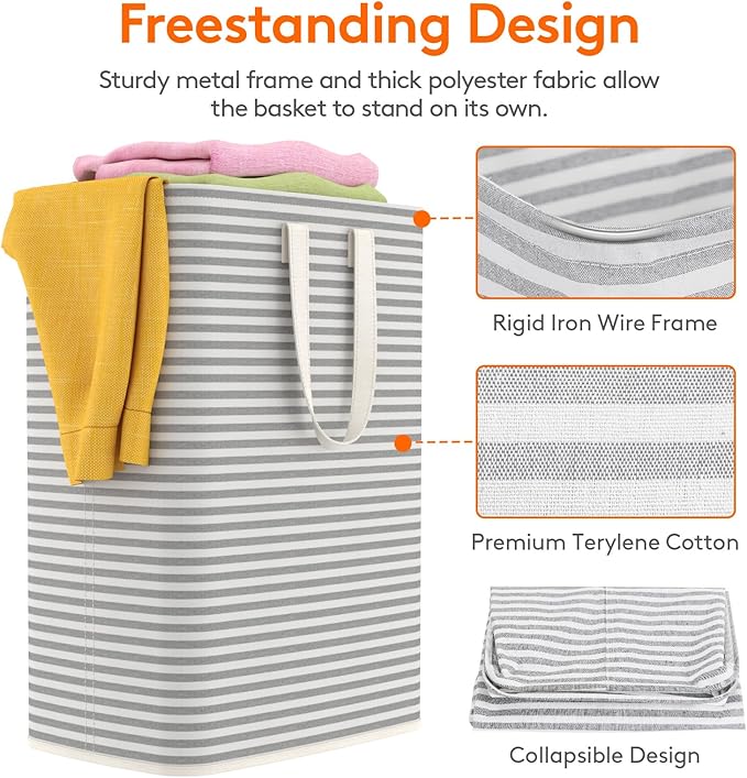 Lifewit 2 Pack Laundry Basket 65L Each, Collapsible Clothes Hamper with Reinforced Handles, Freestanding Waterproof Design for Bedroom and Laundry Room, Grey 130L Total