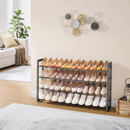FAVOOSTY 4-Tier Expandable Shoe Rack, Adjustable Shoe Shelf Storage Organizer Space Saving Metal Free Standing Shoe Rack for Entryway Closet Doorway, Silver Grey