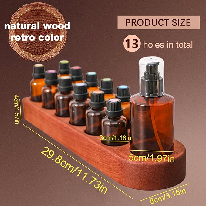 Wooden Essential Oil Holder with 13 Holes (3cmx12 & 5cmx1), Retro Desktop Display Rack for Bathroom Vanity Desk Organizer