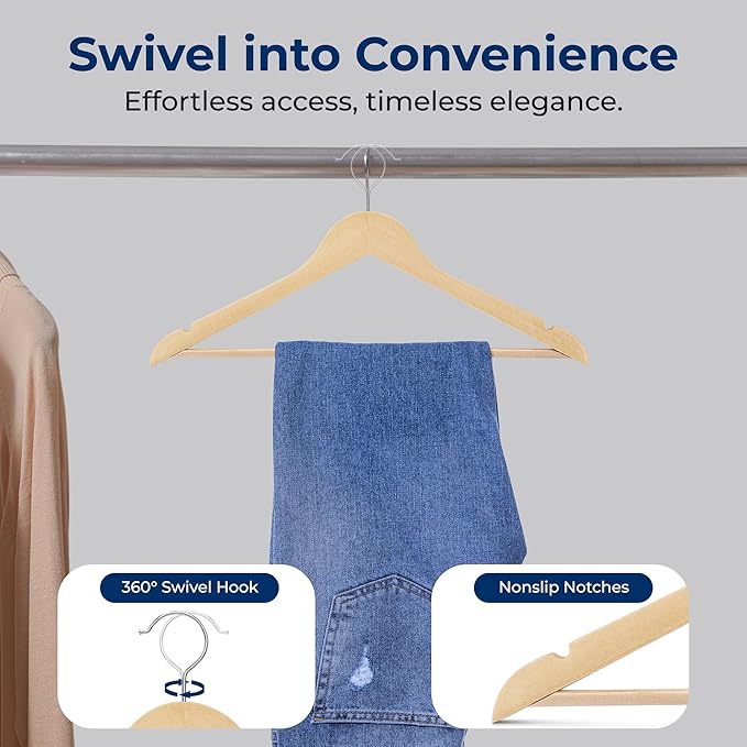 SereneLife Solid Wooden Hangers, Mega Pack, 80 Pieces Hangers for Clothes, Heavy Duty Suit Hanger Set with Chrome 360 Degree Swivel Hook, Notched Design, Natural Wood Color