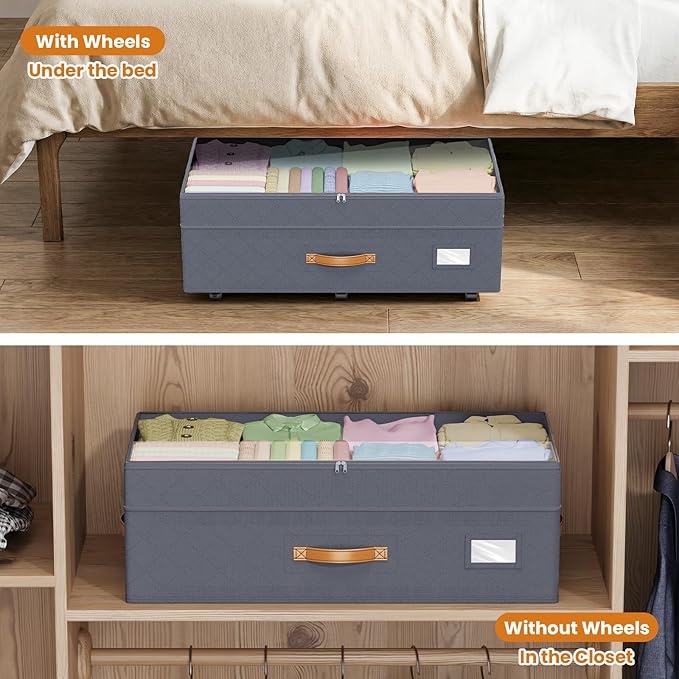 Budding Joy Under Bed Storage with Wheels 2Pack, 80L Height Adjustable Underbed Containers with Clear Lids, Rolling Under Bed Shoe Storage Organizer for Dorm Home Clothes, Blankets, Toys, Grey