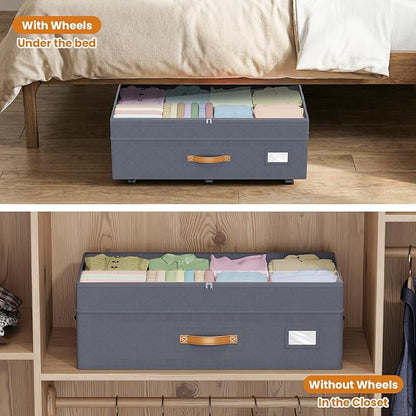 Budding Joy Under Bed Storage with Wheels 2Pack, 80L Height Adjustable Underbed Containers with Clear Lids, Rolling Under Bed Shoe Storage Organizer for Dorm Home Clothes, Blankets, Toys, Grey