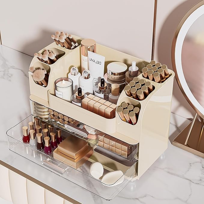 Delamu Large Makeup Organizer Countertop with 6 Brush Holders, Makeup Organizers for Vanity with 2 Large Drawers, Easy to Store Skincare, Lipsticks, Nail Polishes, Eyeshadow Palettes, Cream White