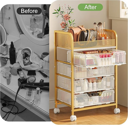 Hongtamoya Makeup Cart Organizer with 4 Drawers, Large Floor Skincare Organizers, Vanity Storage Organizer Cosmetics Display Cases for Skin Care Perfume Nail Polish, Gold