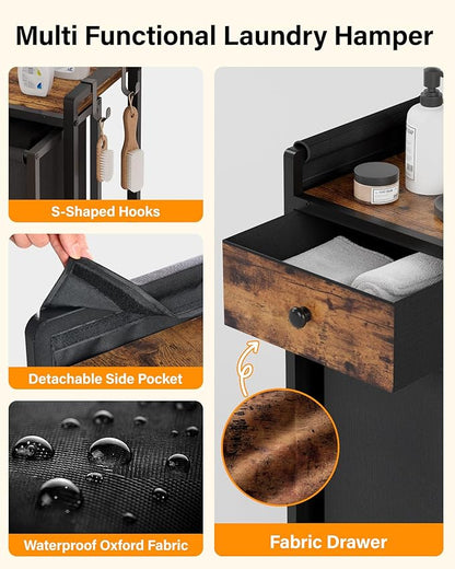 Laundry Sorter 4 Section: Laundry Hamper Basket with Shelf and Wheels - Rolling Laundry Basket Organizer with Fabric Drawers and Pull-Out Cart - Clothes Hamper for Laundry Room Bathroom Bedroom