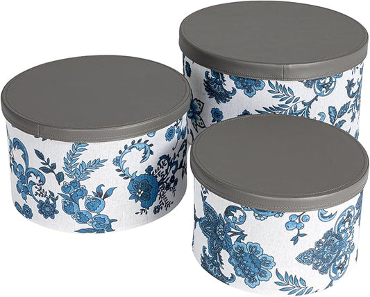 Household Essentials Floral Nestable Hat Boxes with Faux Leather Lids, Cream and Blue, Set of 3