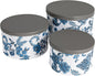 Household Essentials Floral Nestable Hat Boxes with Faux Leather Lids, Cream and Blue, Set of 3