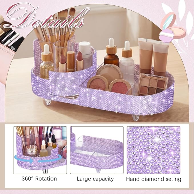 Teen Girls Mother's Day 360 Rotating Bling Makeup Organizer Gift Rhinestone Diamond Bathroom Organizer Girly Skin Care Brush Holder for Countertop, Bathroom Essentials(Purple,Pearl)