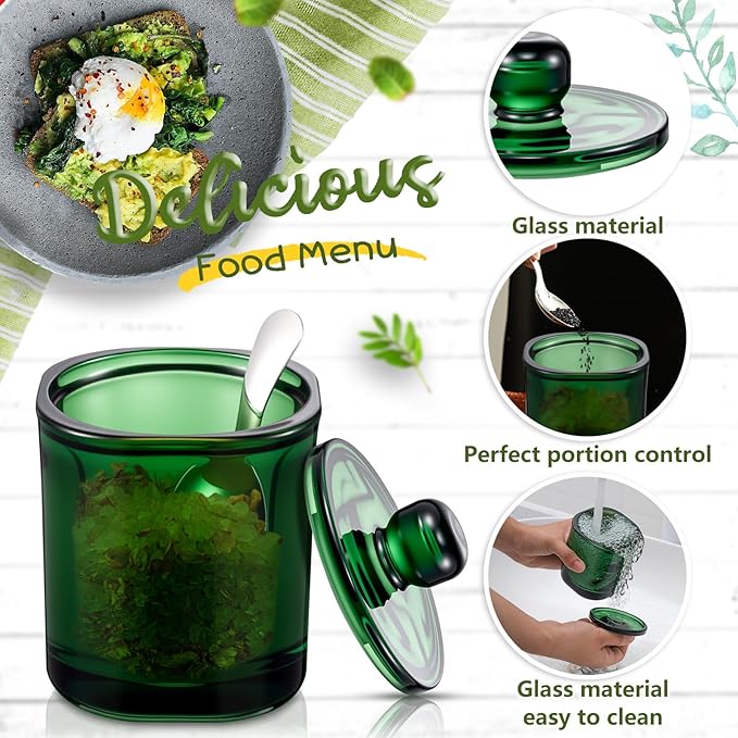 Reallnaive 2 Set Glass Salt Cellar with Lid and Spoon Container for Kosher, Sea, Himalayan Salt, Candy, Pepper, Heavyweight Seasoning Jar, Dishwasher Safe, 8.7oz(Green)