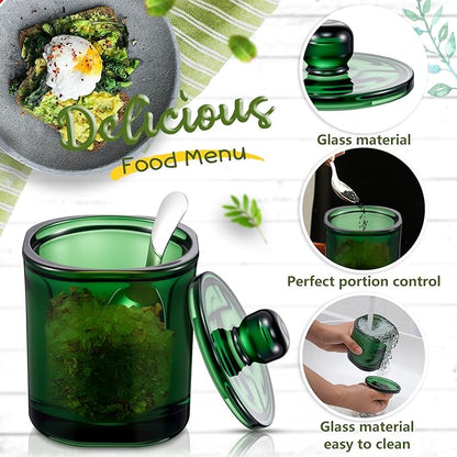 Reallnaive 2 Set Glass Salt Cellar with Lid and Spoon Container for Kosher, Sea, Himalayan Salt, Candy, Pepper, Heavyweight Seasoning Jar, Dishwasher Safe, 8.7oz(Green)